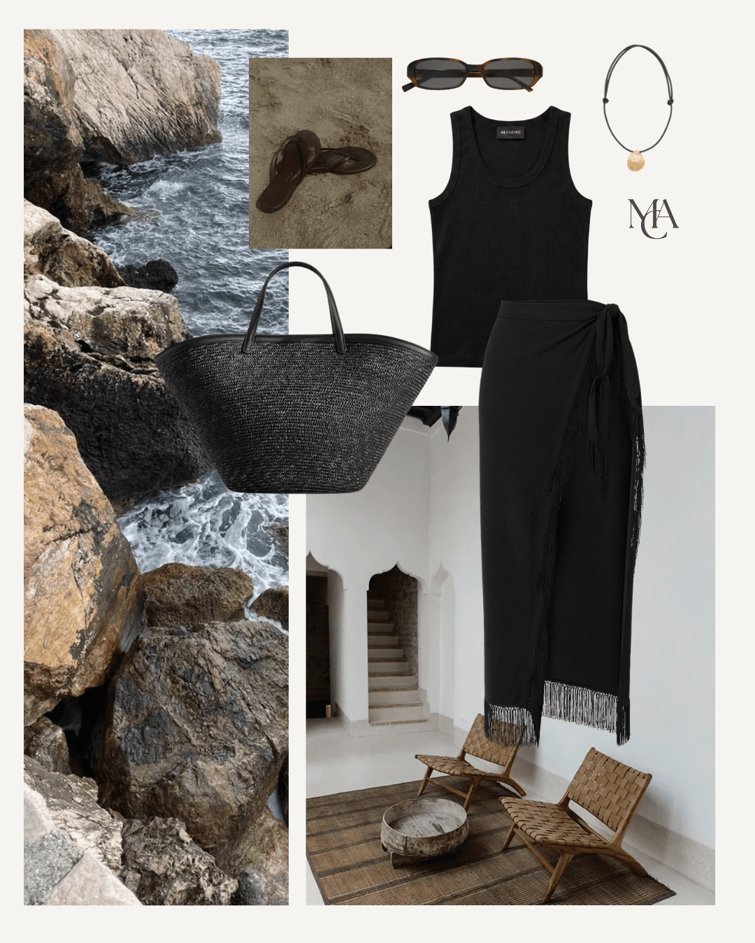 Destination styling moodboard with black resort pieces, woven accessories, and coastal references